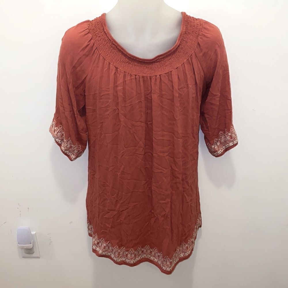 Tantrums Burnt Orange Embroidered Tunic Boho Hippie Shirt Top size XL